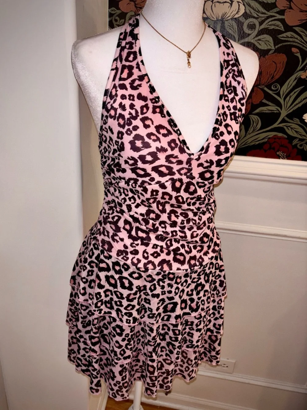 Pink Leopard ๐ Mesh Ruffle Skirt Halter Dress - Picture 3 of 5